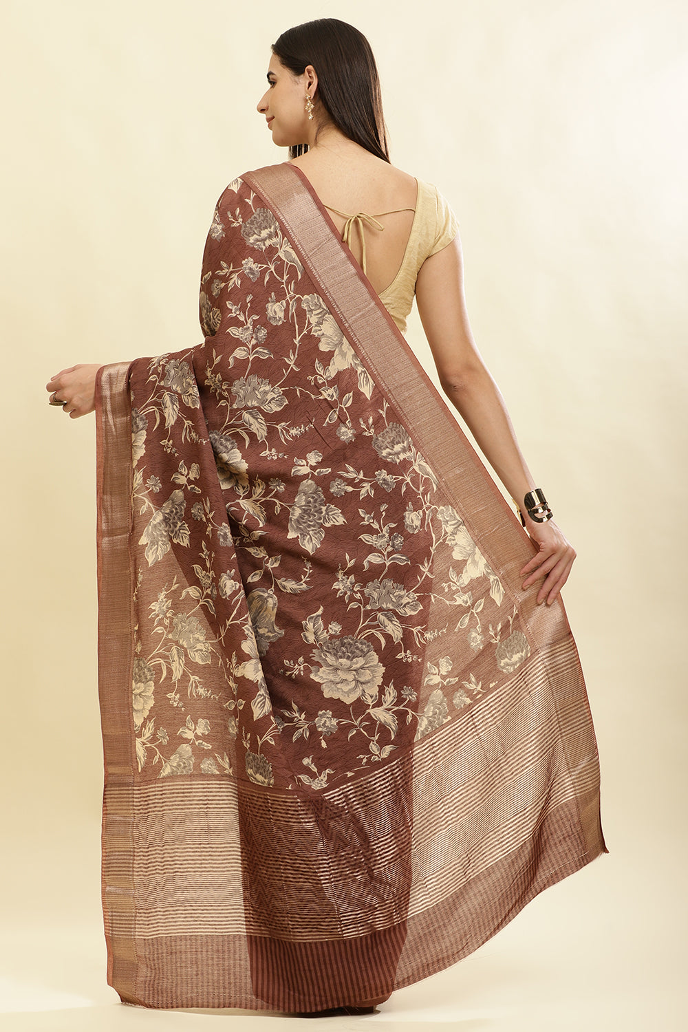 Brown Cotton Silk Floral Printed & Zari Border Saree