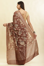 Brown Cotton Silk Floral Printed & Zari Border Saree