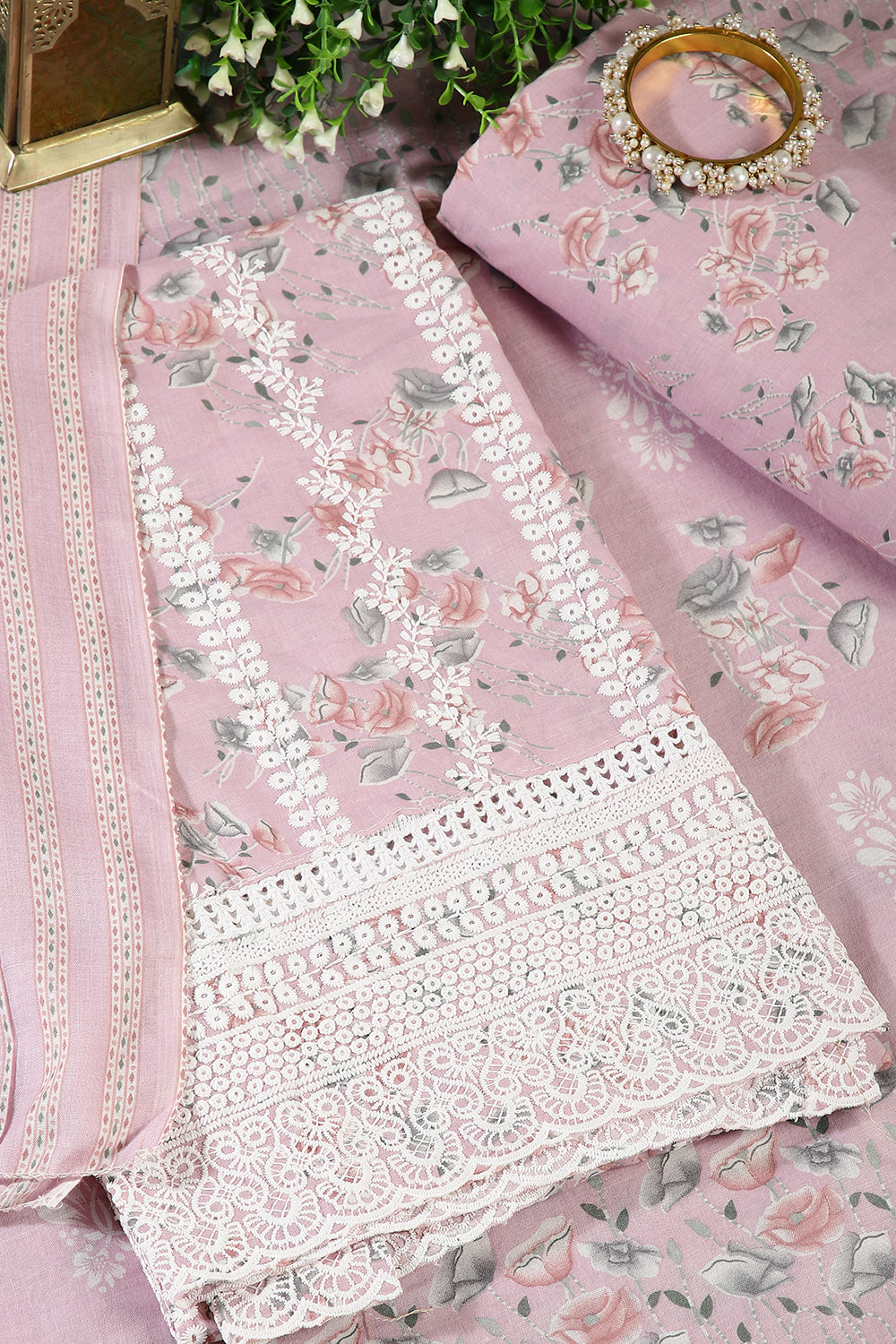 Pink Color Cotton Resham Embroidered And Lace Work Unstitched Suit Fabric