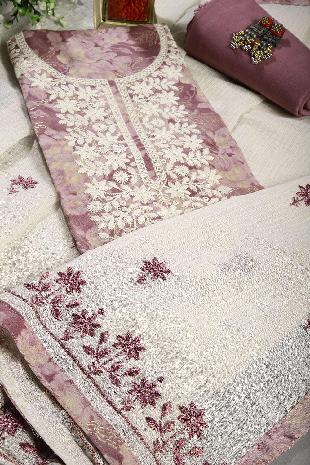 Mauve Color Twill Cotton Printed Chikankari Unstitched Suit Material