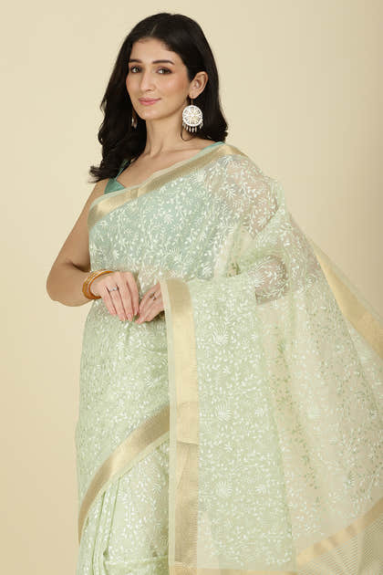 Pista Green Kota Cotton Floral Resham Woven Saree