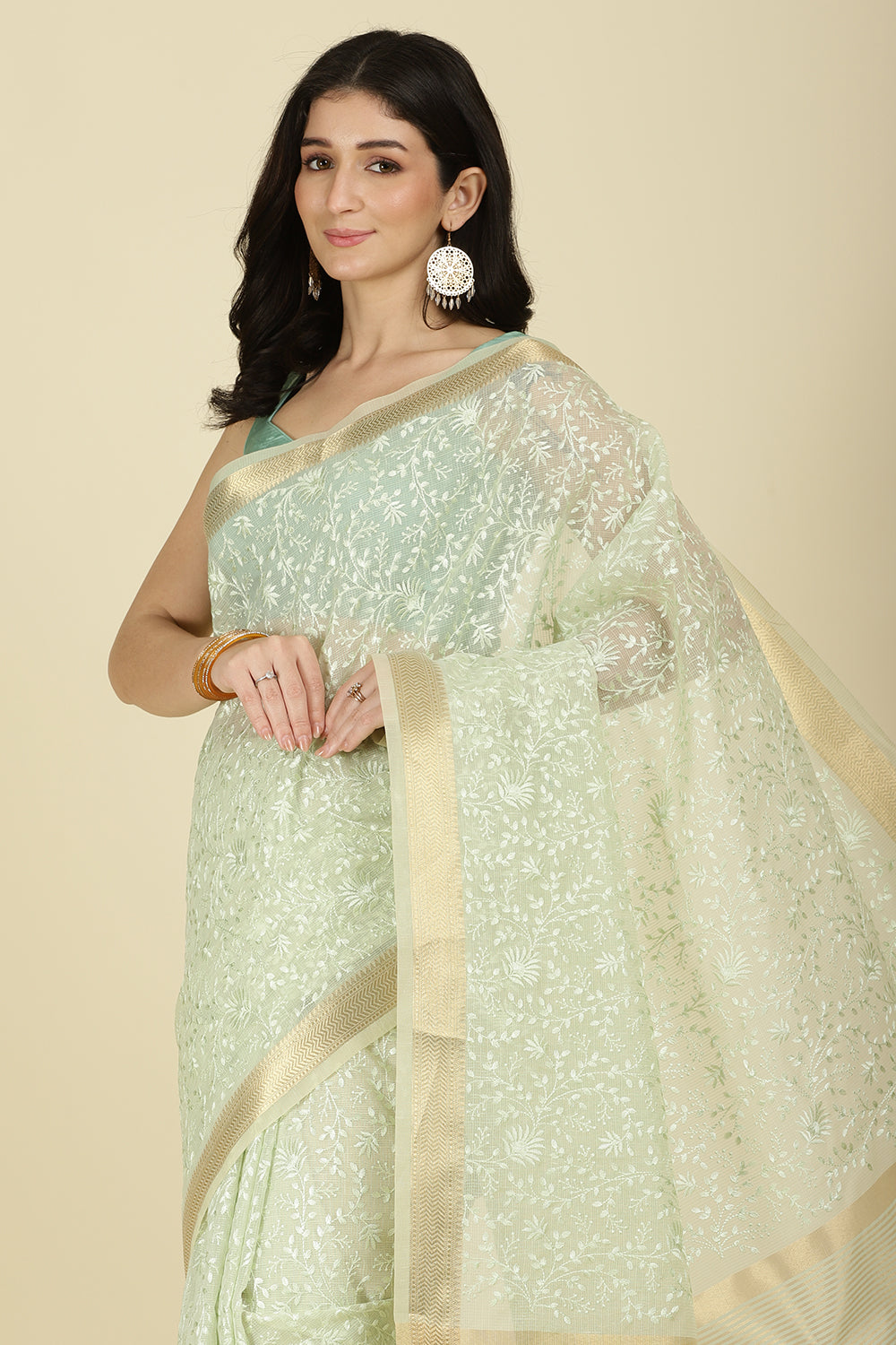 Pista Green Kota Cotton Floral Resham Woven Saree