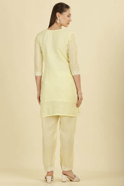 Pale Yellow Cotton Hacoba Style Neck-Embroidered Kurta Set