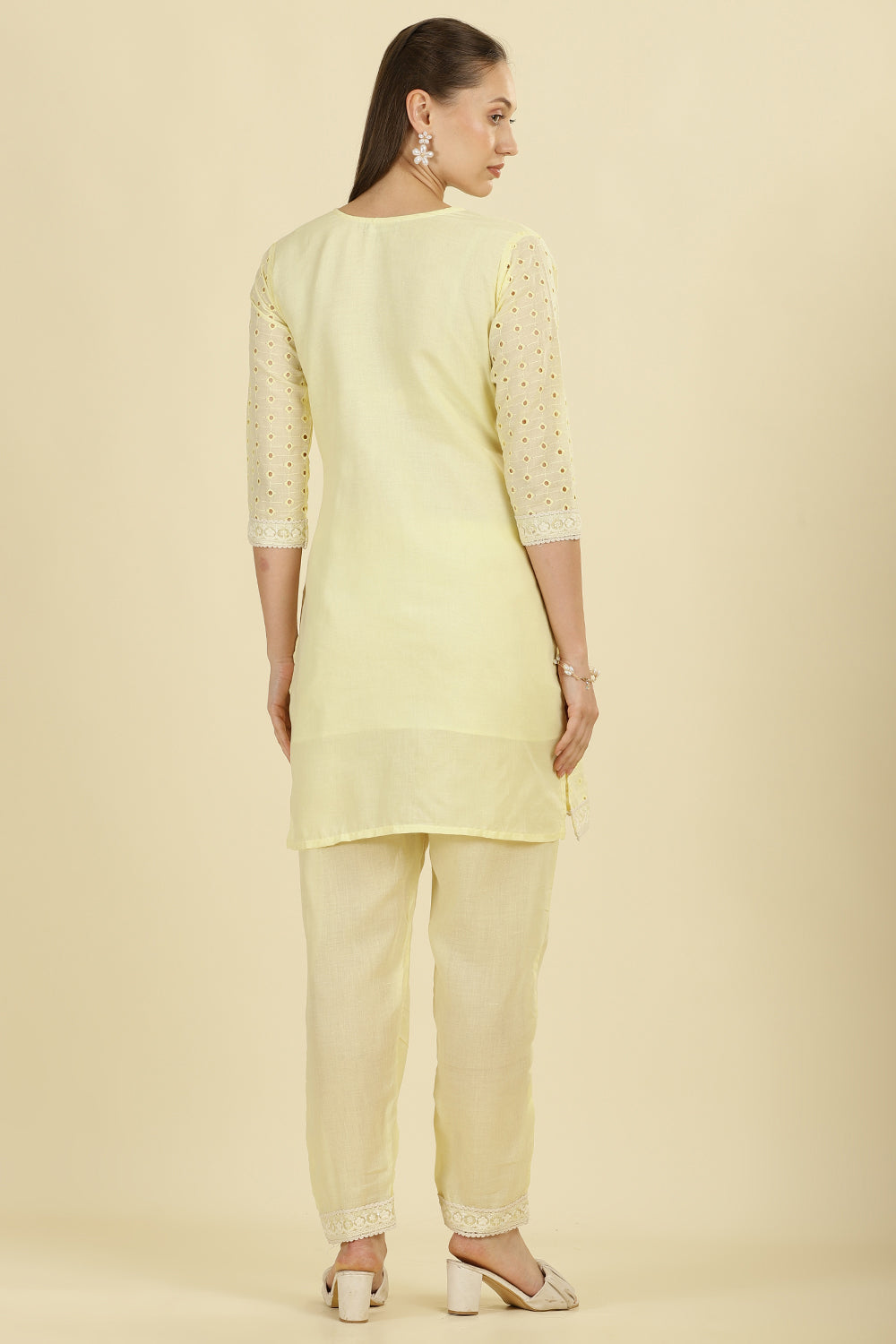 Pale Yellow Cotton Hacoba Style Neck-Embroidered Kurta Set