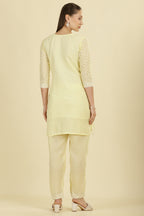 Pale Yellow Cotton Hacoba Style Neck-Embroidered Kurta Set