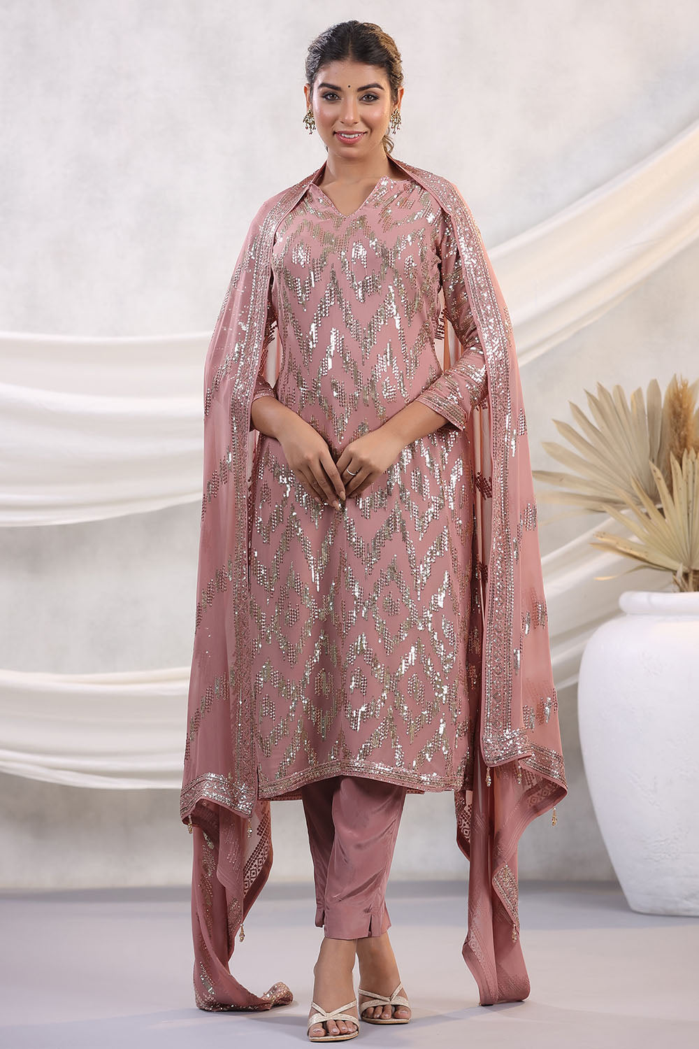 Dusty Pink Color Embroidered Georgette Unstitched Suit Material