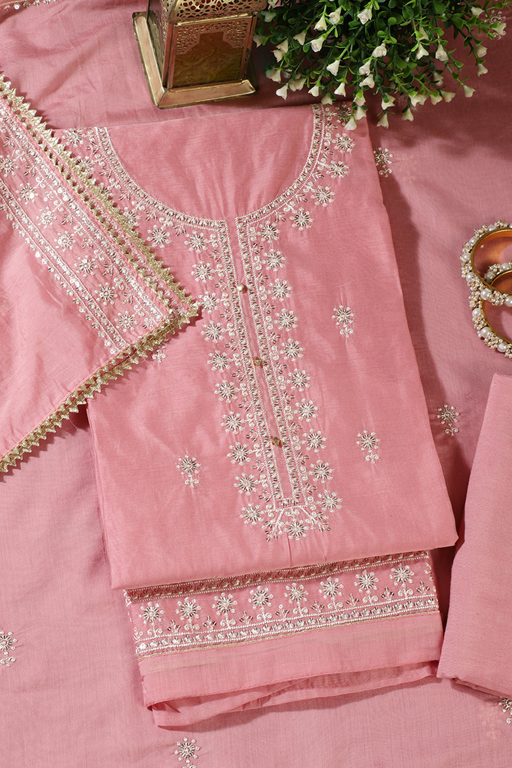 Pink Chanderi Silk Resham Embroidered Unstitched Suit Material