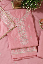 Pink Chanderi Silk Resham Embroidered Unstitched Suit Material