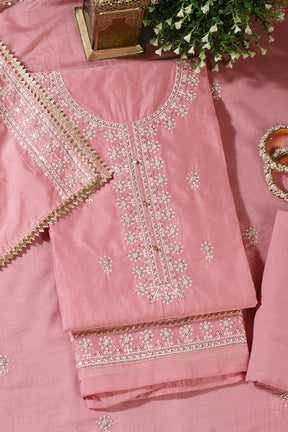 Pink Chanderi Silk Resham Embroidered Unstitched Suit Material