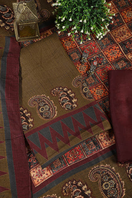 Olive Green Spun Printed Unstitched Suit