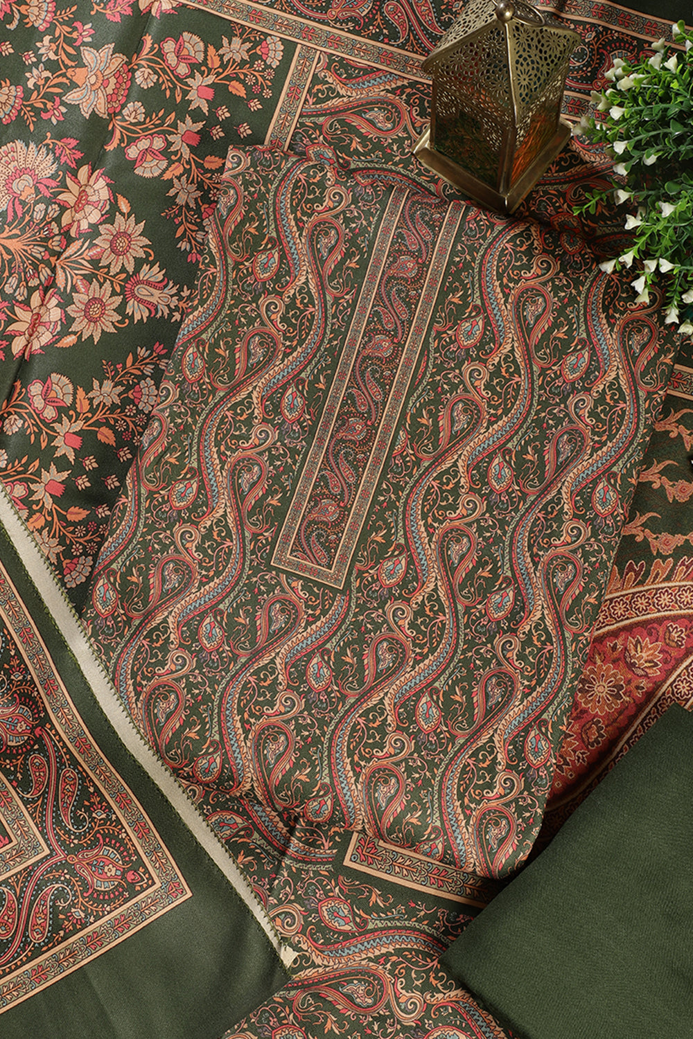 Green Color Pashmina Digital Printed Unstitched Suit Material