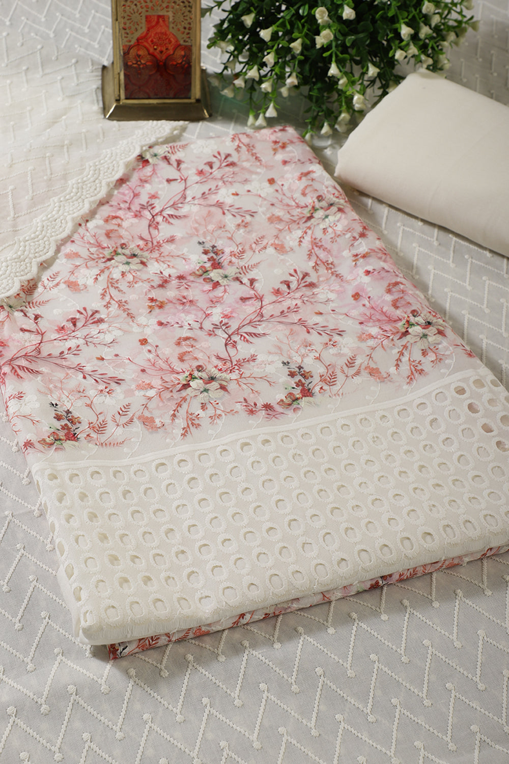 Cream & Red Cotton Chikankari Work Floral Printed Unstitched Suit