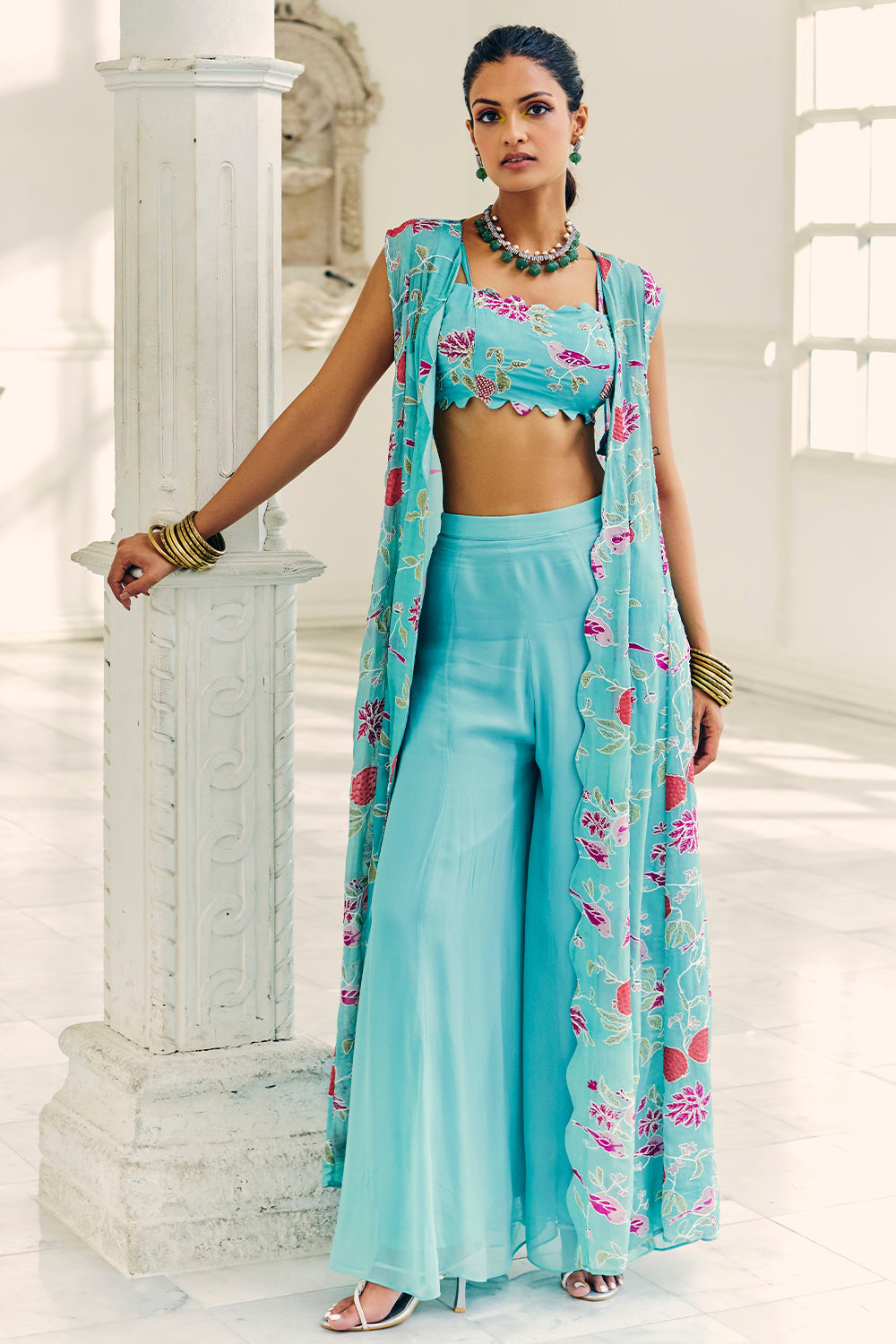 Turquoise Color Embroidered Crepe Crop-Top with Jacket and Palazzo
