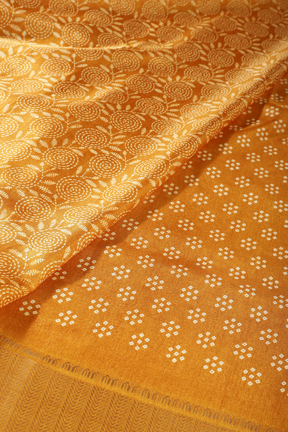 Mustard Colour Printed & Woven Cotton Silk Saree