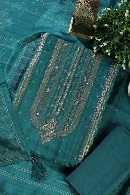 Teal Silk Zari Woven And Bandhani Printed Unstitched Suit Fabric