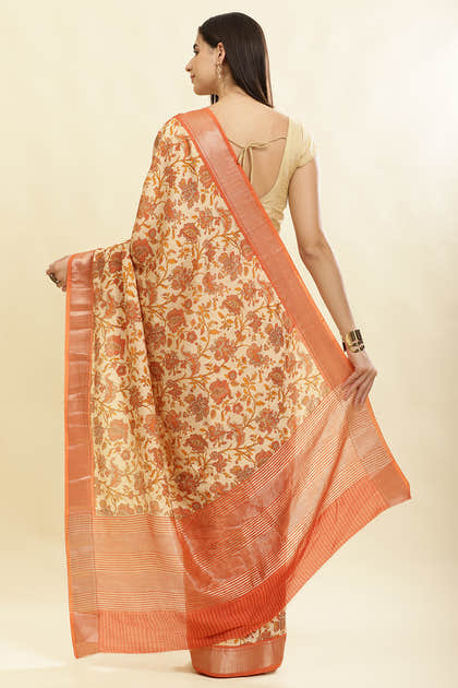 Beige & Orange Cotton Silk Floral Printed Saree