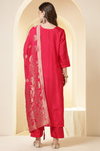 Coral Pink Color Silk Suit Set With Neck Embroidered