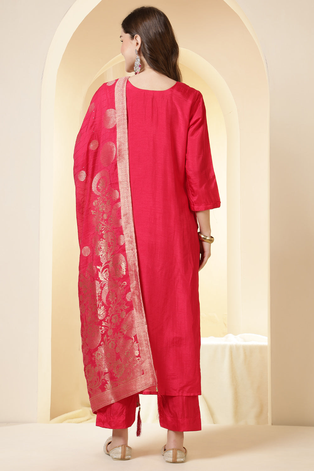 Coral Pink Color Silk Suit Set With Neck Embroidered
