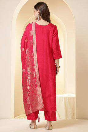 Coral Pink Color Silk Suit Set With Neck Embroidered