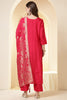 Coral Pink Color Silk Suit Set With Neck Embroidered