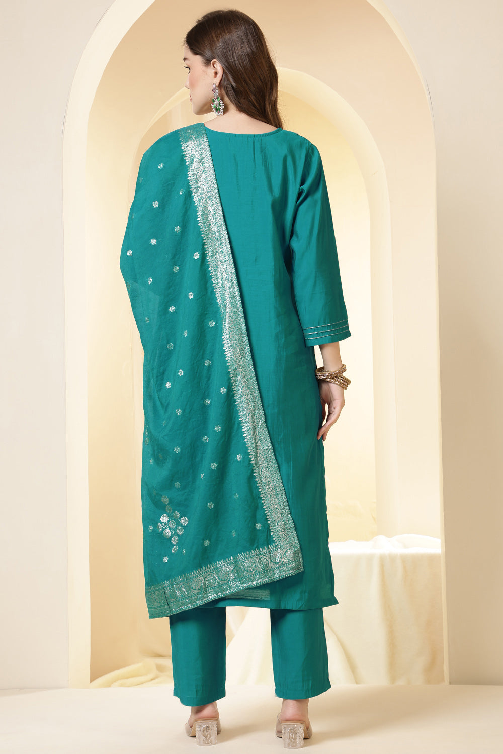 Teal Silk Embroidered Suit Set
