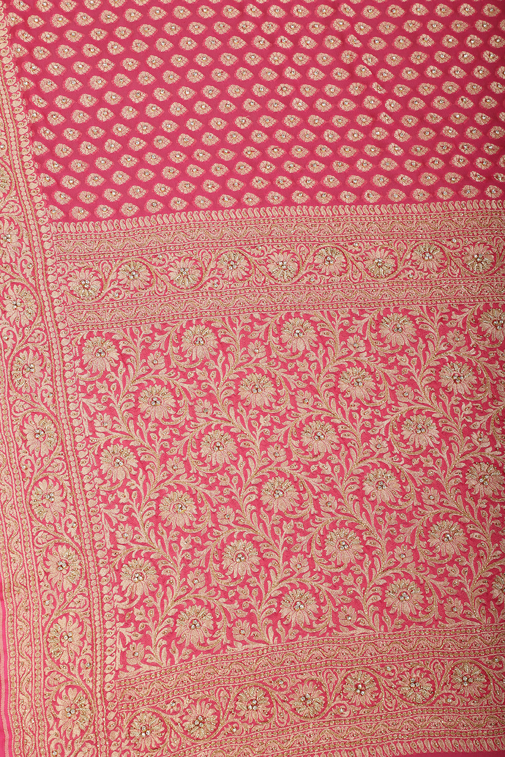 Pink Pure Khaddi Georgette Banarasi Saree with Paisley Small Butti & Zardozi Handwork