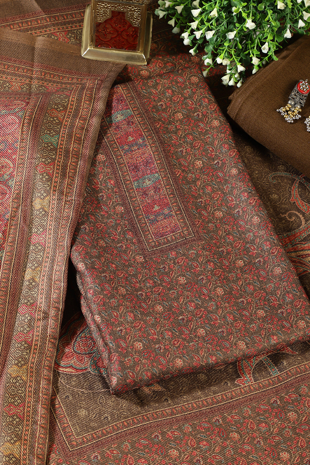 Brown Pashmina Floral Printed Unstitched Suit Material