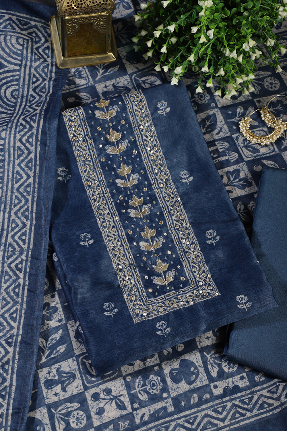 Pacific Blue Chanderi Cotton Printed and Gota-Patti Work Unstitched Suit Material