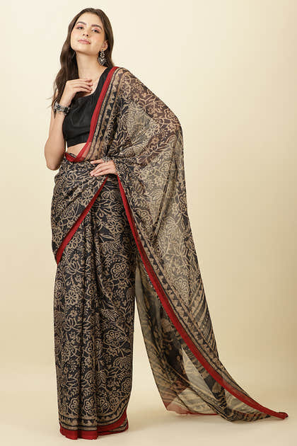Black  Chiffon Floral Printed Saree