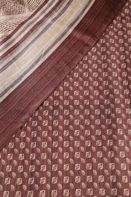 Beige & Brown Tussar Silk Printed Saree