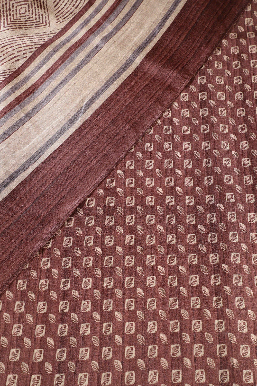 Beige & Brown Tussar Silk Printed Saree