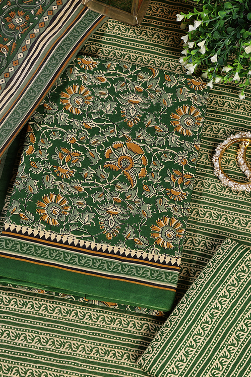 Green Cambric Cotton Unstitched Suit Material