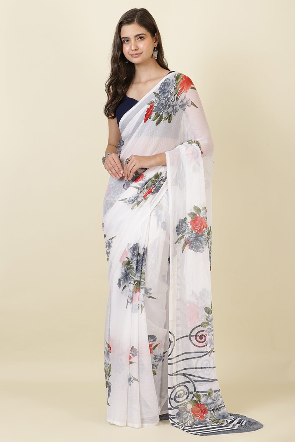 White Georgette Floral Printed Saree