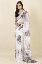 White Georgette Floral Printed Saree