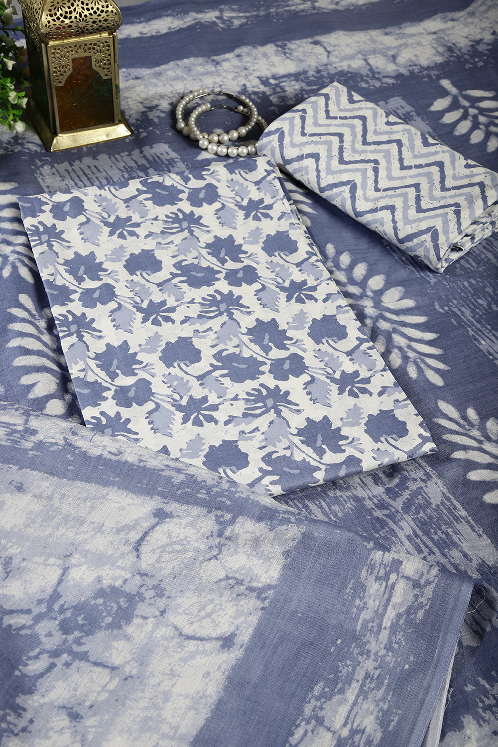Light Blue Color Cotton Printed Unstitched Suit