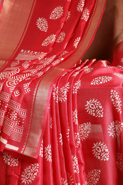 Venetian Red Color Block Printed Cotton Silk Saree