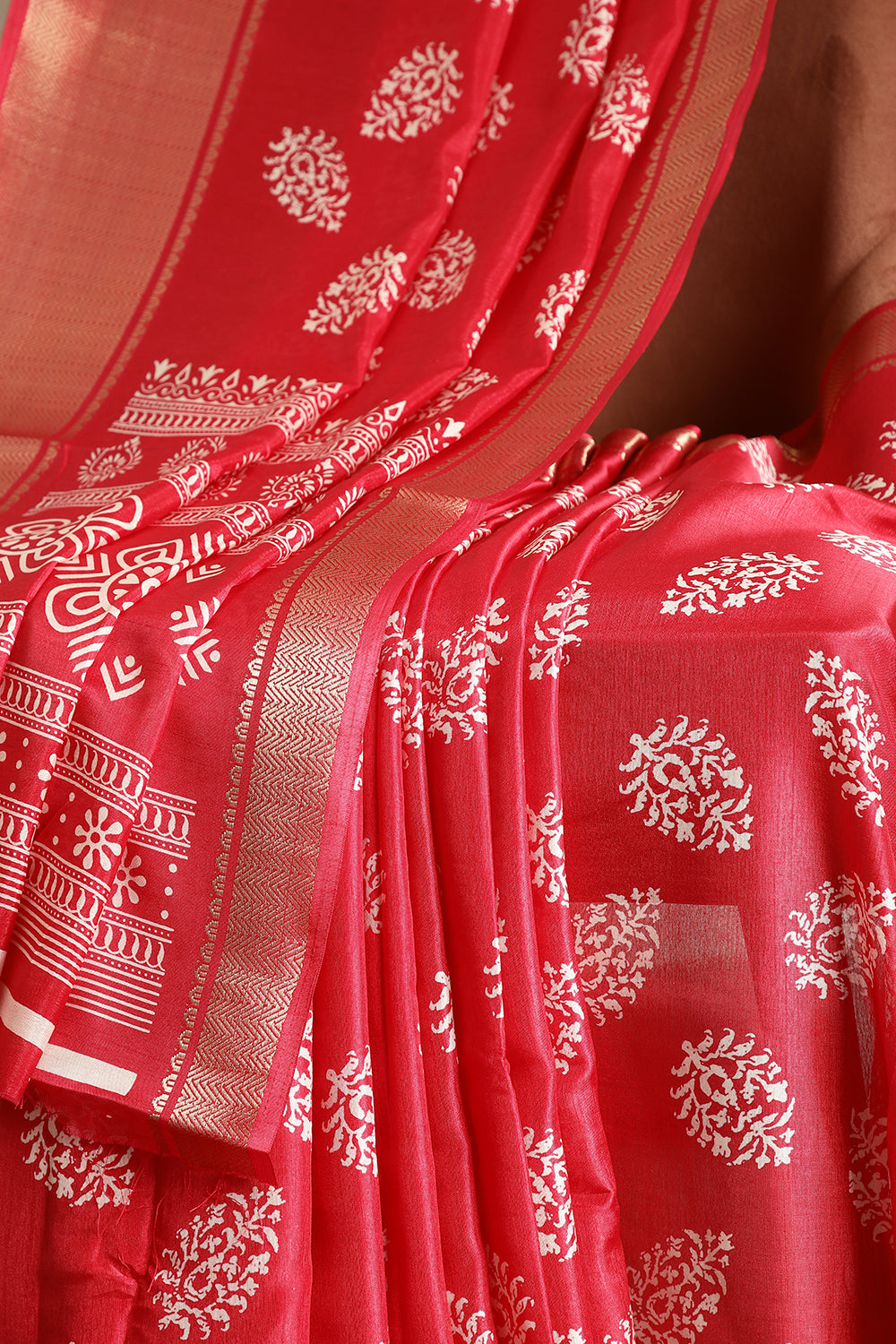 Venetian Red Color Block Printed Cotton Silk Saree