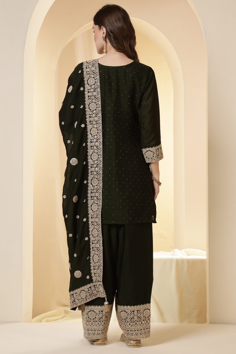 Green Silk Zari Embroidered Suit With Parsi Salwar