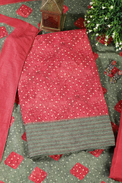 Red Spun Bandhani Printed Unstitched Suit Fabric