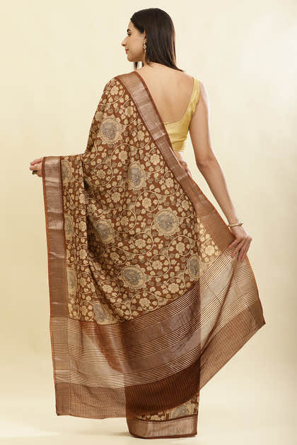 Brown Floral Printed & Zari Border Cotton Silk Saree