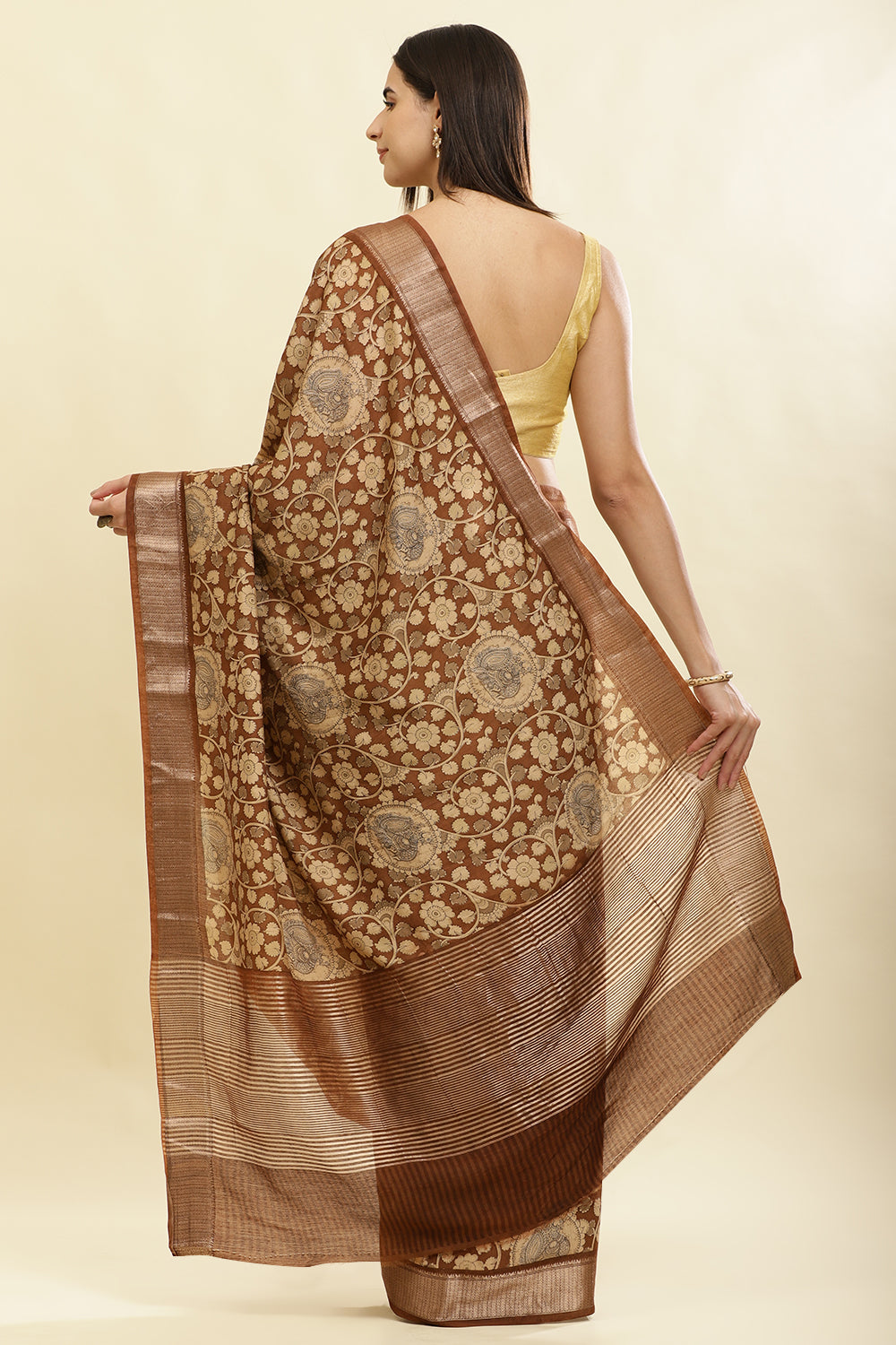 Brown Floral Printed & Zari Border Cotton Silk Saree