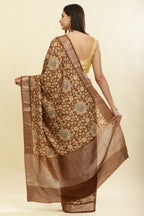 Brown Floral Printed & Zari Border Cotton Silk Saree