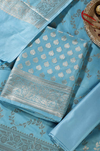 Light Blue Silk Zari Woven Unstitched Suit Fabric