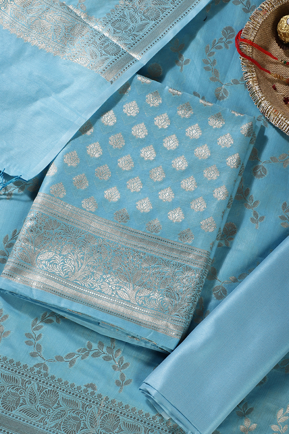 Light Blue Silk Zari Woven Unstitched Suit Fabric