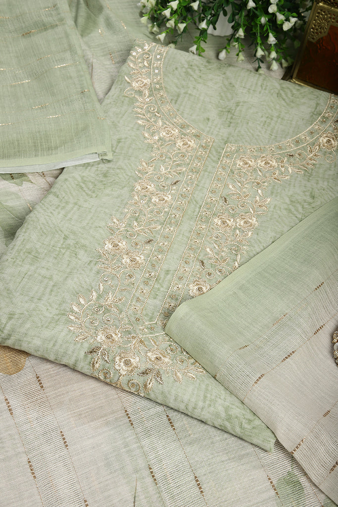 Green Color Linen Cotton Embroidery Unstitched Suit Material