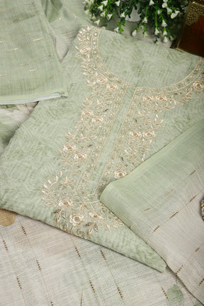 Green Color Linen Cotton Embroidery Unstitched Suit Material