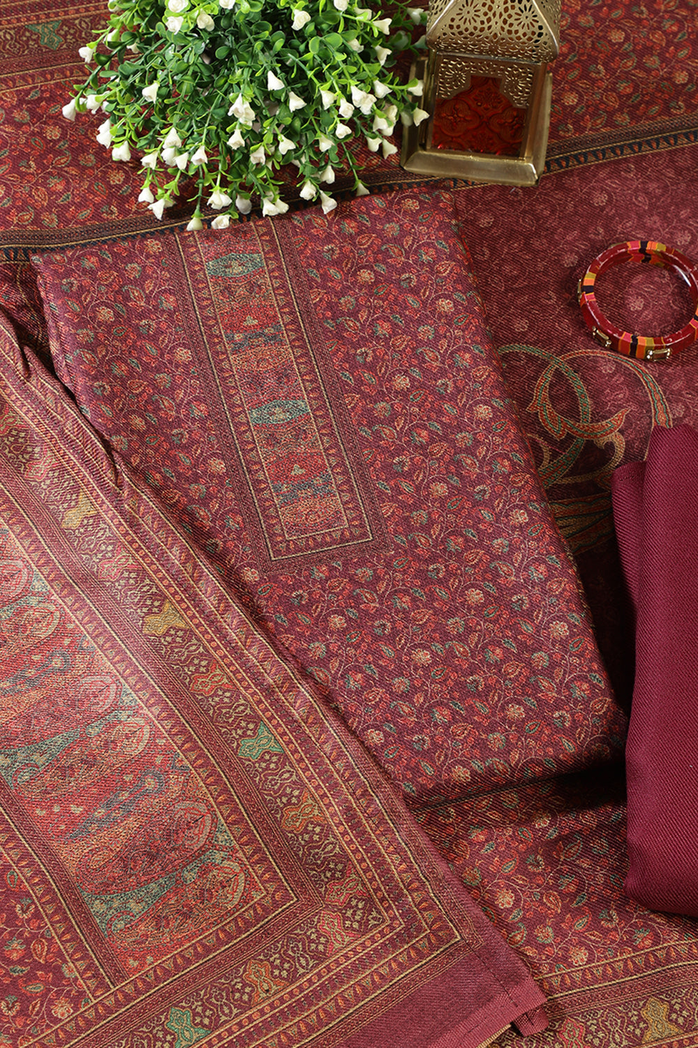 Dark Scarlet Pashmina Floral Printed Unstitched Suit Material