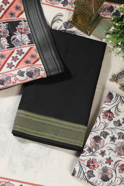 Black Cotton Unstitched Suit Material With Floral Printed Dupatta & Salwar