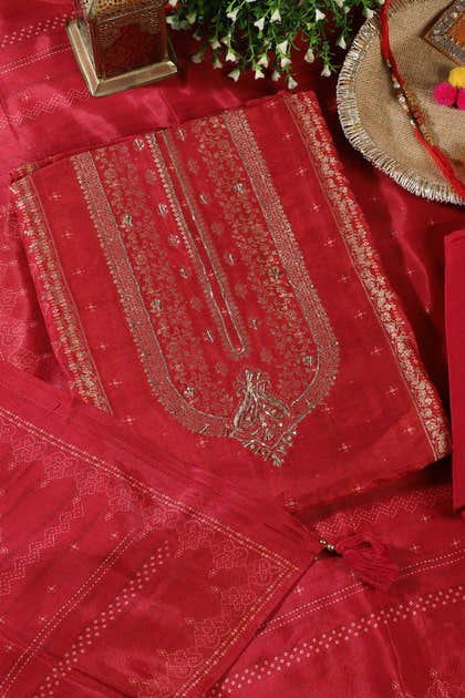 Red Silk Zari Woven And Bandhani Printed Unstitched Suit Fabric