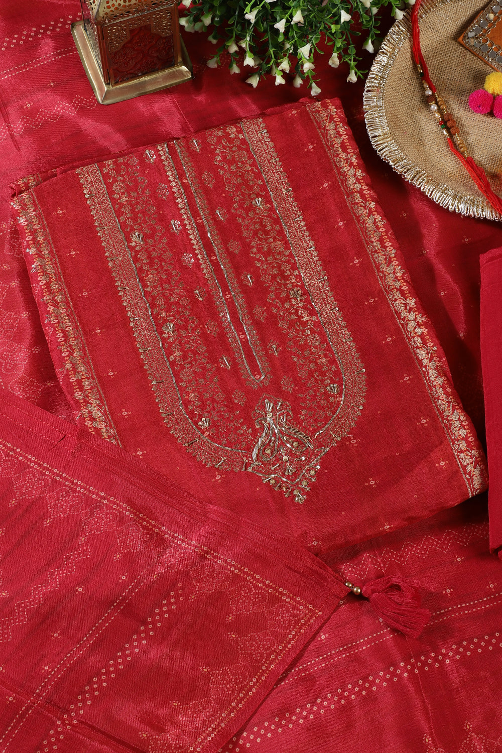 Red Silk Zari Woven And Bandhani Printed Unstitched Suit Fabric